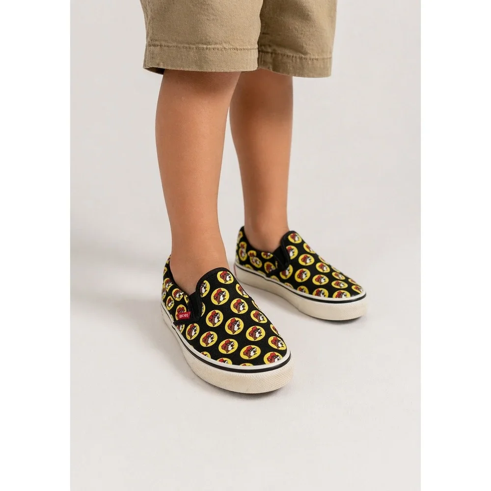 Buc-ees Beaver Logo Print Black Canvas Slip On Shoes Kids Size 4Y 6W